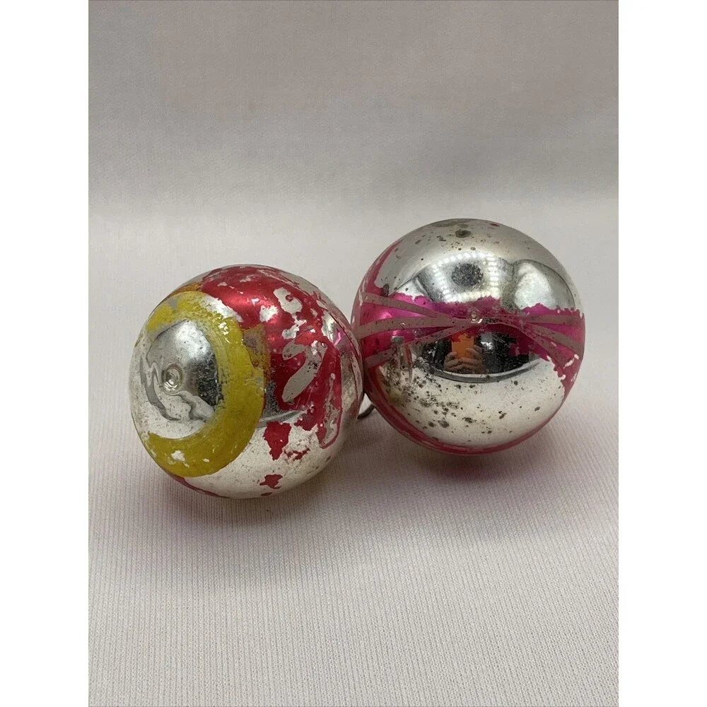 2 Vintage Mercury Glass Painted Christmas Ornaments Floral Striped Holiday Tree